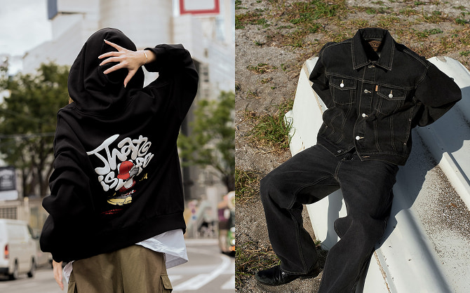 アパレル事業で展開しているブランドの服を着た人物が街中でポーズをとる様子(左)と、無人の状態でベンチに配置されている様子(右)